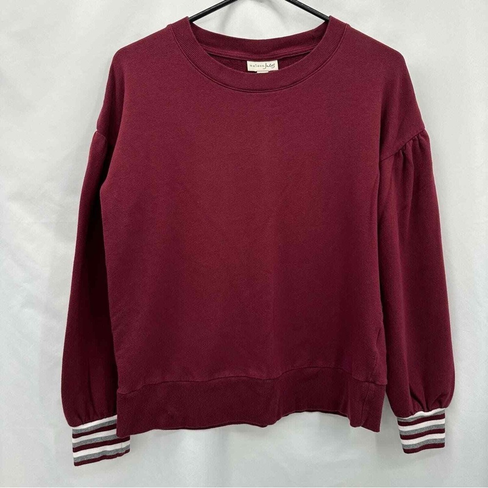 Maison Jules Sweatshirt Womens‎ Medium Burgundy Puff Sleeve Striped Cuffs Top